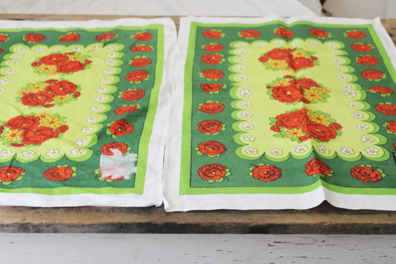 vintage Woolworths linen kitchen tea towels, bright boho flowered print on lime green