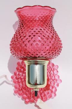 vintage Woolworth's tag pin up wall sconce lamp, cranberry glass pink stain hobnail glass