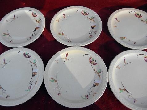 vintage adobe ware tan ironstone restaurantware, deco flowers Syracuse china plates