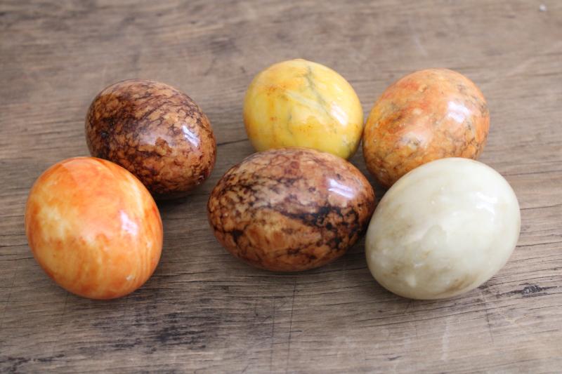 vintage alabaster marble eggs, life size carved stone Easter eggs neutral colors