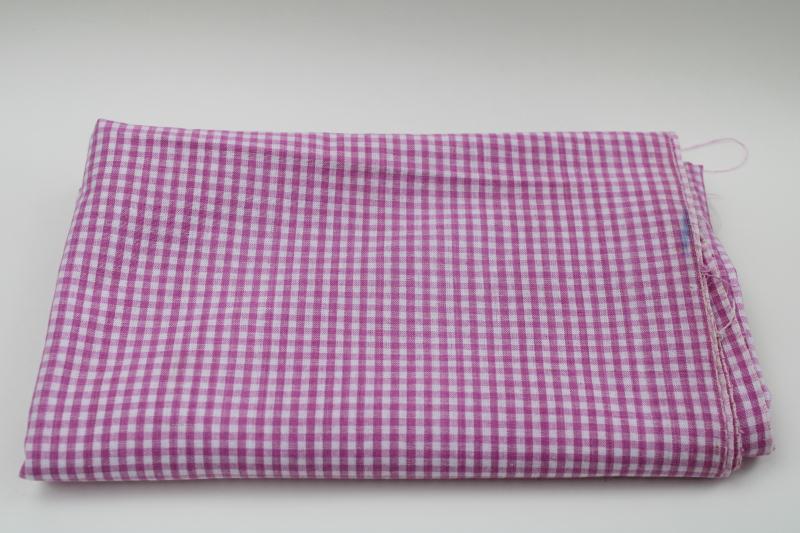 vintage all cotton gingham fabric, lilac purple & white checked woven cotton