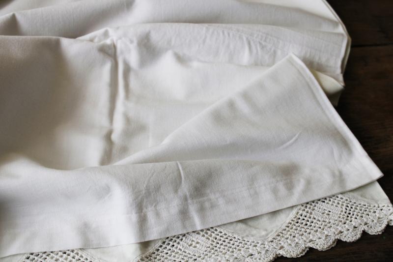 vintage all white cotton pillowcases & bed sheet w/ handmade crochet lace