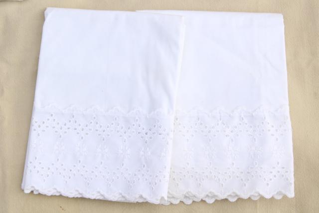 vintage all white lace trimmed cotton pillowcases, eyelet embroidery trim & crochet edgings