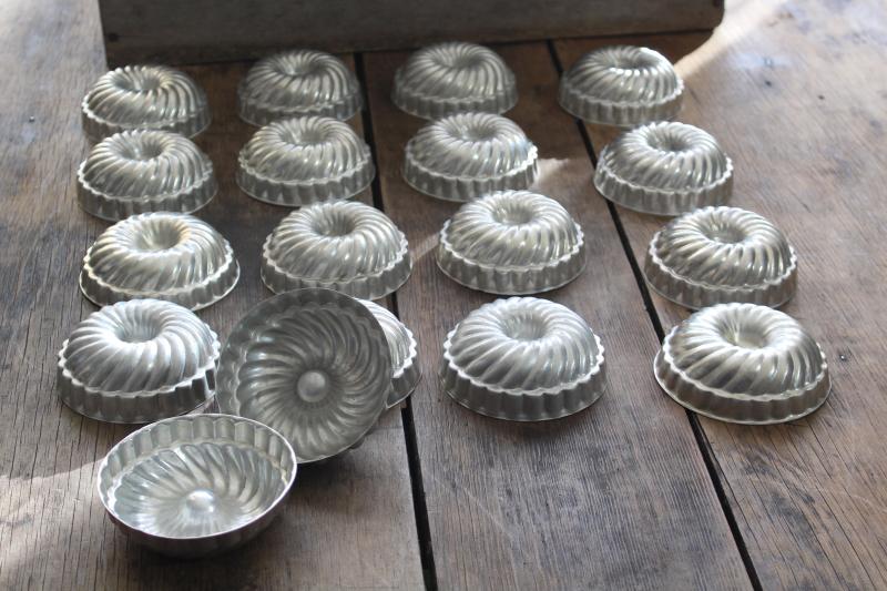 vintage aluminum jello mold set, individual size ring molds or cake pans