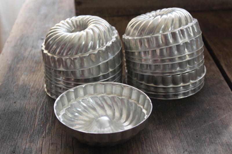 vintage aluminum jello mold set, individual size ring molds or cake pans