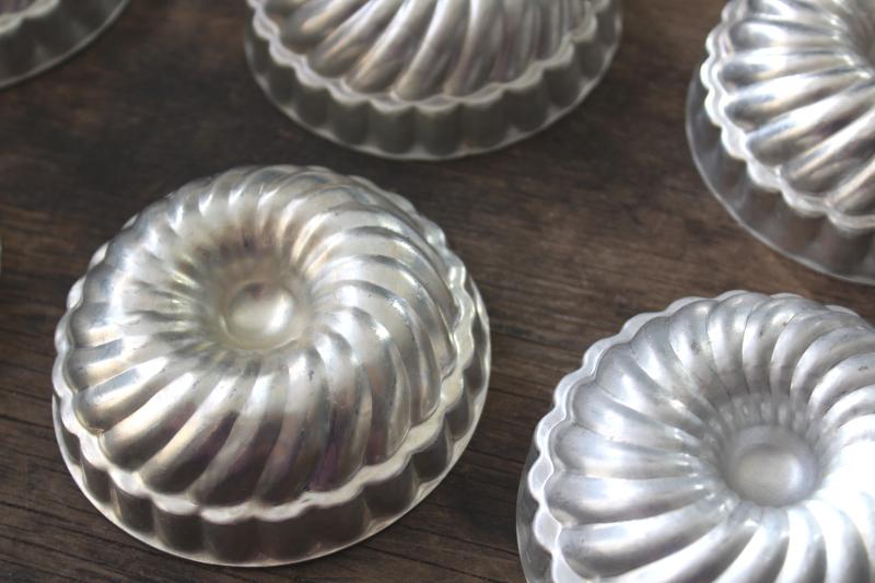 vintage aluminum jello mold set, individual size ring molds or cake pans