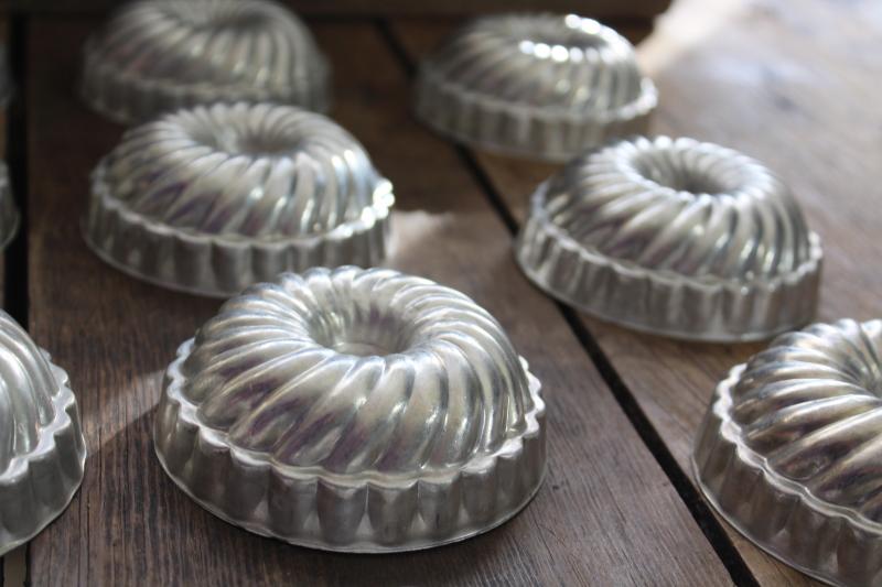 vintage aluminum jello mold set, individual size ring molds or cake pans