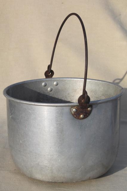 vintage aluminum jelly kettle pans or camping cook pots w/ wire bail handles 