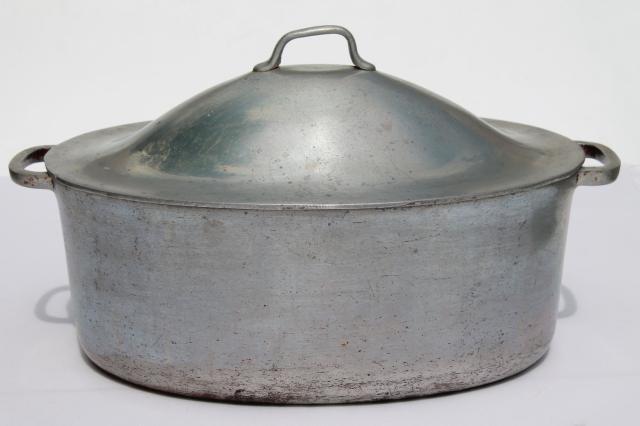 vintage aluminum oval roaster dutch oven, big roasting pan for camp cookware