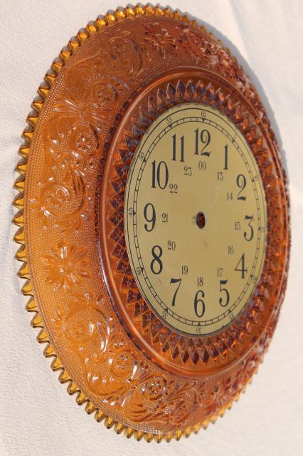 vintage amber Tiara sandwich pattern glass, large round plate wall clock face