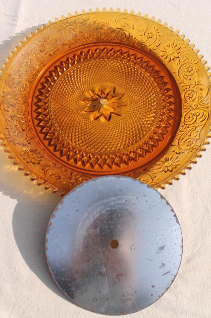 vintage amber Tiara sandwich pattern glass, large round plate wall clock face