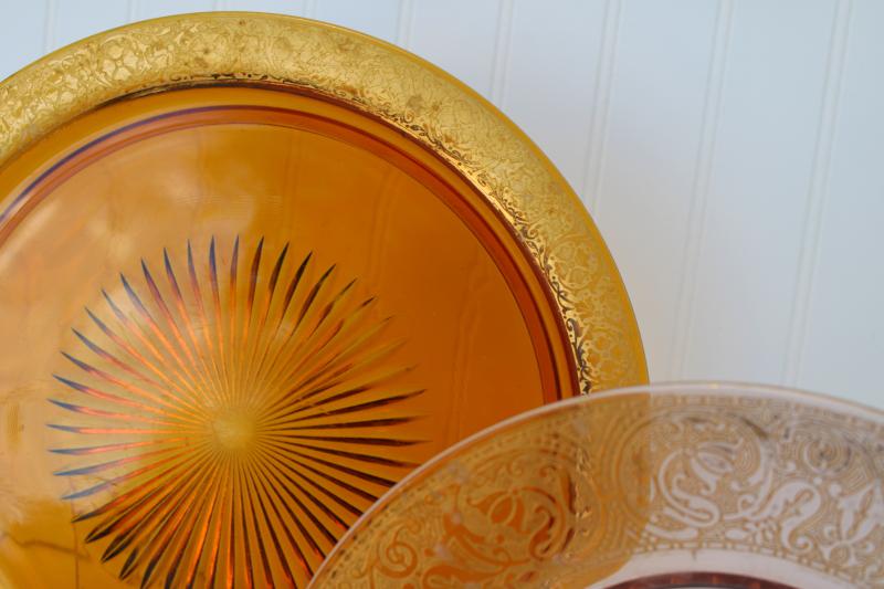 vintage amber & blush pink glass cake plates, worn gold encrusted band depression glass