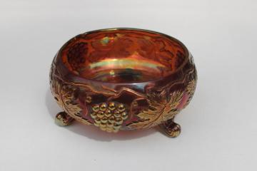 vintage amber carnival glass bowl grapes pattern footed bowl, cupped round shape