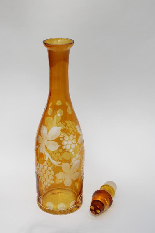 vintage amber cut to clear glass decanter bottle w/ grapes, Bohemia crystal?