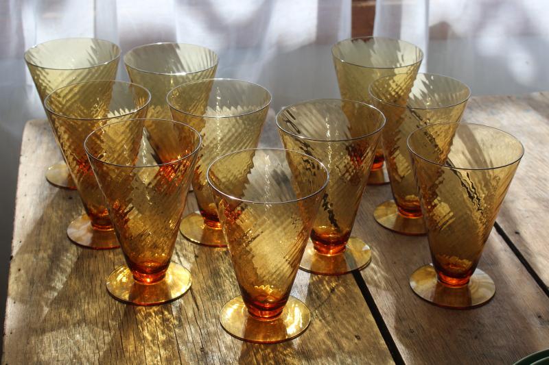 vintage amber depression glass iced tea footed tumblers, spiral corded optic twist glasses