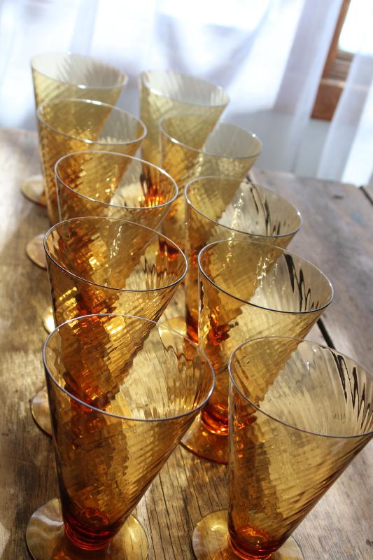 vintage amber depression glass iced tea footed tumblers, spiral corded optic twist glasses