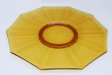 vintage amber glass cake or torte plate, art deco decagon shape huge serving tray