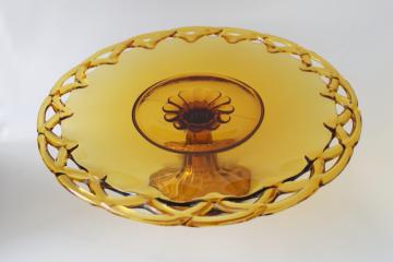 vintage amber glass cake stand, Indiana open lace edge plate, crocheted crystal