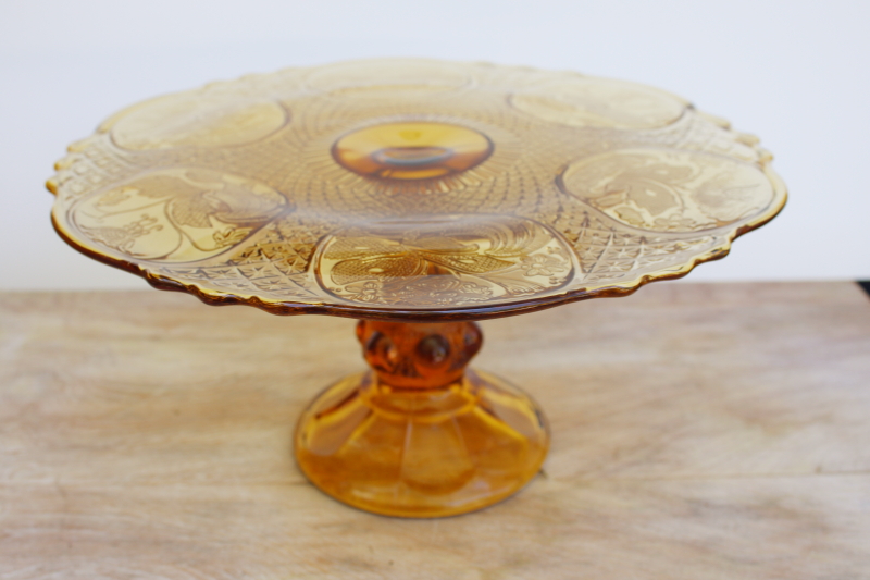 vintage amber glass cake stand, Zabcowice Poland glassworks pressed glass