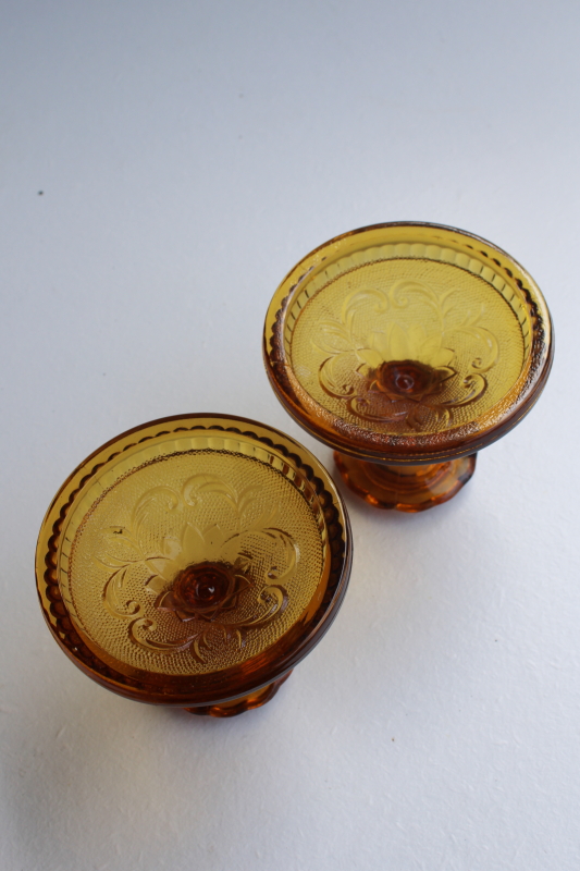 vintage amber glass candle holders, pair low candlesticks, Tiara / Indiana sandwich daisy pattern