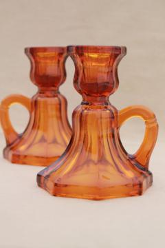vintage amber glass candle holders, small low chamber candlesticks w/ ring handles