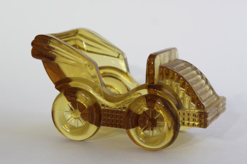 vintage amber glass candy container or planter, old time motorcar antique auto