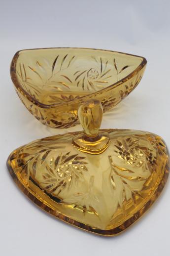 vintage amber glass candy dish or covered box, Indiana pinwheel pattern glass