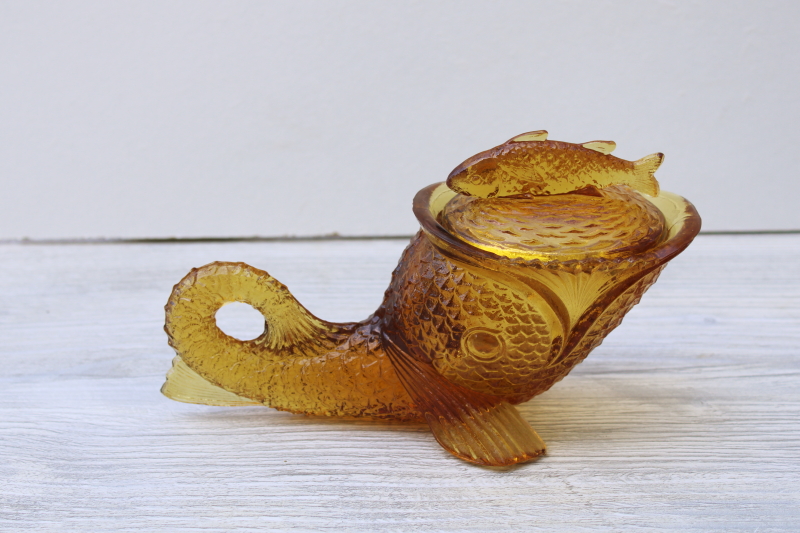 vintage amber glass dolphin fish covered box or candy dish, Kemple style pressed glass
