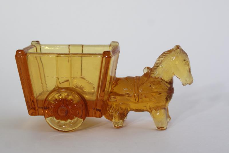 vintage amber glass donkey cart, old candy container, toothpick or match holder glass novelty