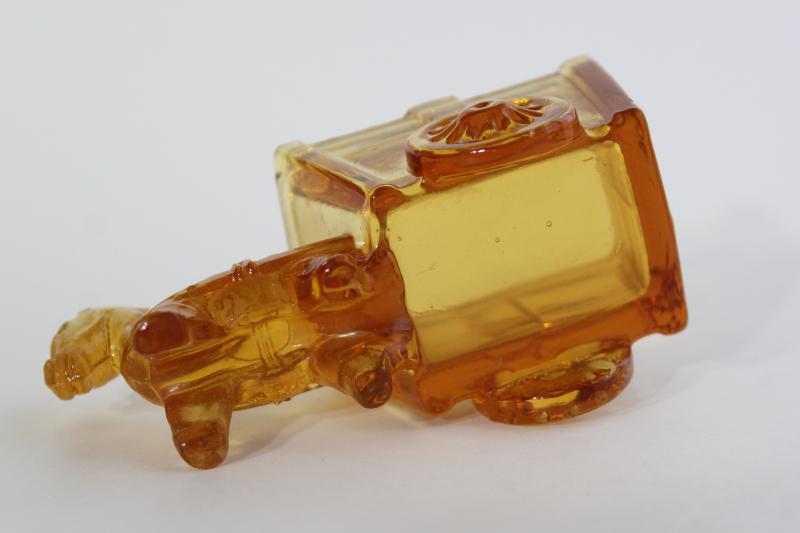 vintage amber glass donkey cart, old candy container, toothpick or match holder glass novelty