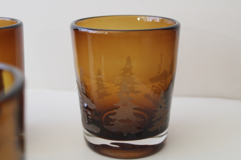 vintage amber glass drinking glasses, big double old fashioneds Woodland cabin in the pines