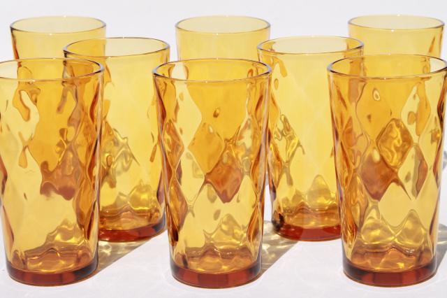 vintage amber glass drinking glasses, diamond optic pattern glass tumbler set of 8