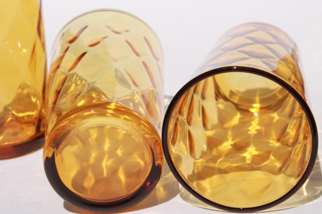 vintage amber glass drinking glasses, diamond optic pattern glass tumbler set of 8
