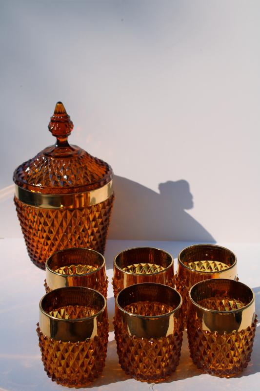 vintage amber glass drinks set, diamond point gold band lowball glasses & ice bucket