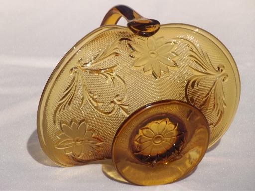 vintage amber glass flower basket, Tiara / Indiana sandwich pattern glass