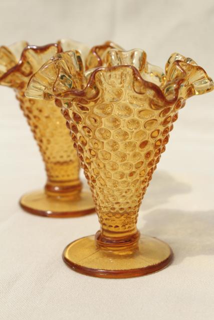 vintage amber glass hobnail Fenton mini vases, crimped ruffle footed vase pair