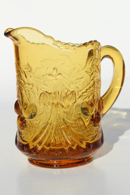 vintage amber glass milk pitcher creamer, LG Wright cherry cherries pattern glass