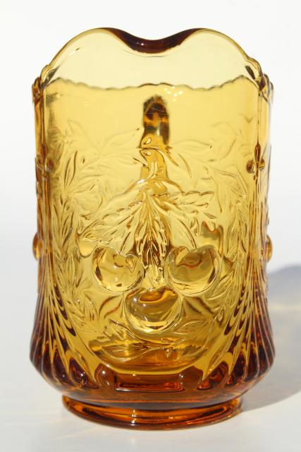vintage amber glass milk pitcher creamer, LG Wright cherry cherries pattern glass