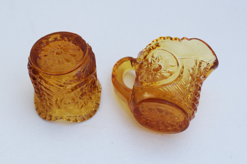 vintage amber glass mini creamer  sugar set, Thumbelina childs size doll dishes