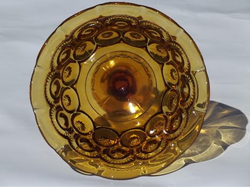 vintage amber glass moon and stars pattern compote, tall crimped candy dish
