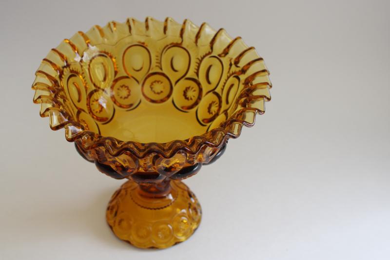 vintage amber glass moon and stars pattern crimped compote bowl, large candy dish