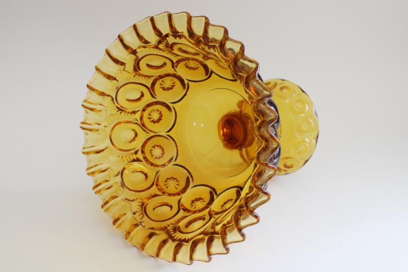 vintage amber glass moon and stars pattern crimped compote bowl, large candy dish