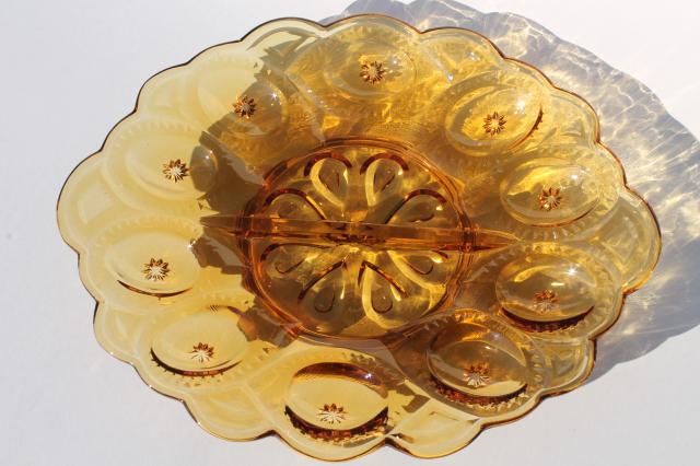 vintage amber glass moon & stars pattern egg plate, deviled eggs serving tray