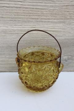 vintage amber glass novelty match holder, daisy  button cauldron pot w/ wire handle