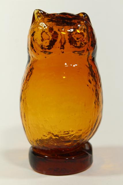 vintage amber glass owl, Viking glass paperweight figurine, 70s retro!