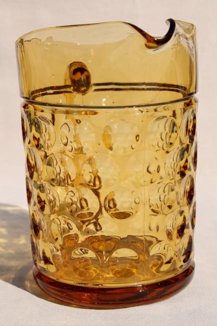 vintage amber glass pitcher, thumbprint dots / optic dot coin spot pattern glass