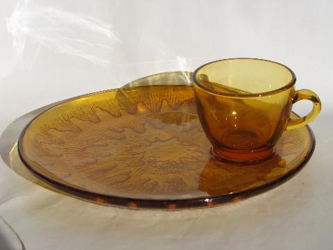 vintage amber glass snack sets, round starburst plates & cups