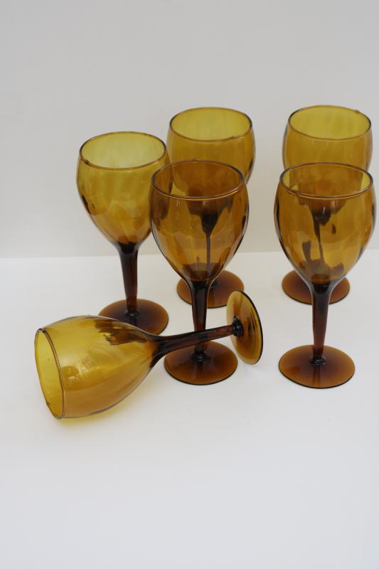 vintage amber glass stemware, hand blown glass water goblets or wine glasses set