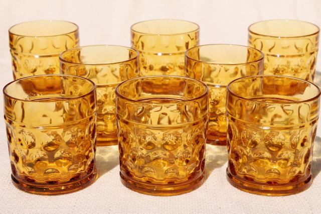 vintage amber glass tumblers, optic dot round thumbprint coin spot dotted drinking glasses