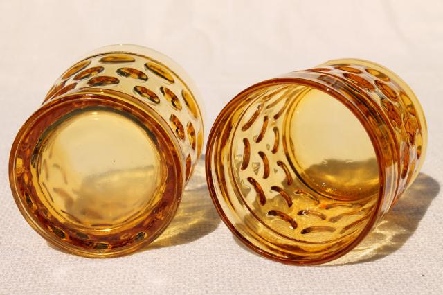 vintage amber glass tumblers, optic dot round thumbprint coin spot dotted drinking glasses